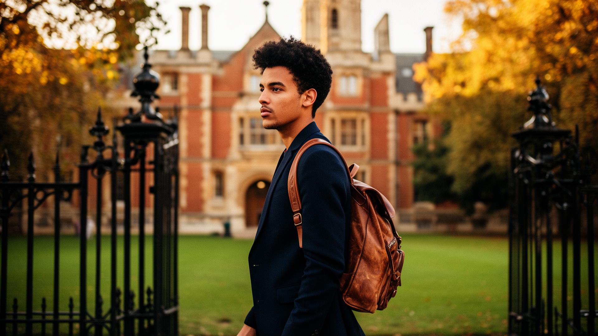 British university students on a historic UK campus at golden hour